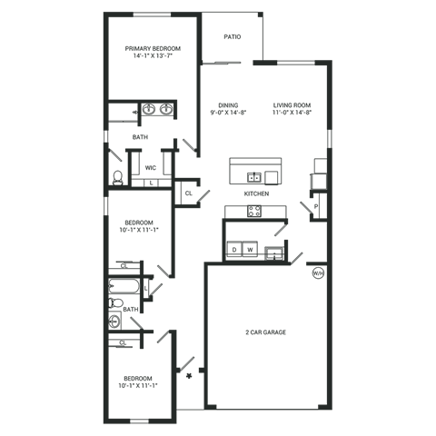 Floor plan for 3 beds, 2 baths, 1568 sqft